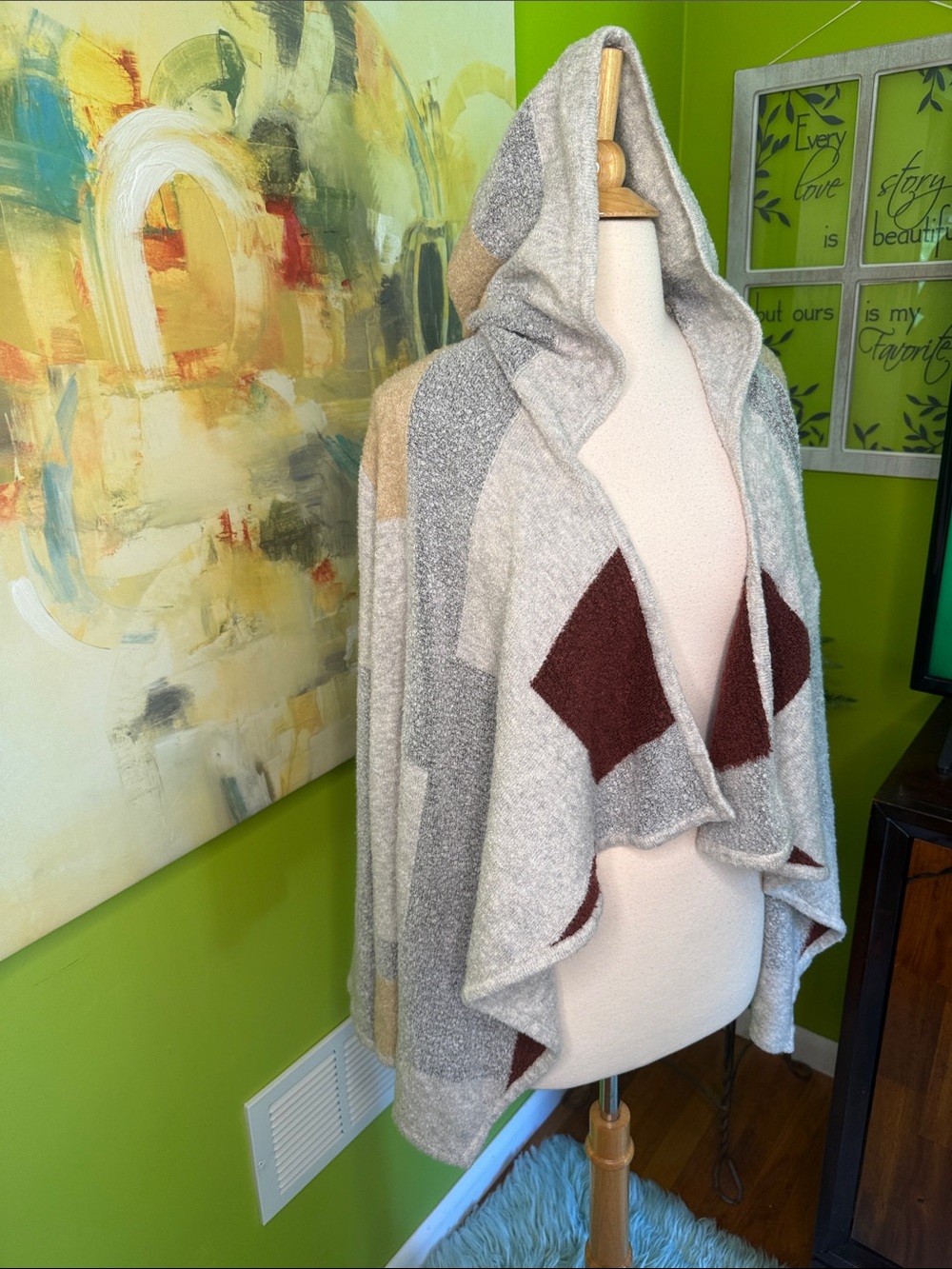 Lane Bryant Hooded Patchwork Open Cardigan - Gray, Brown  & Tan